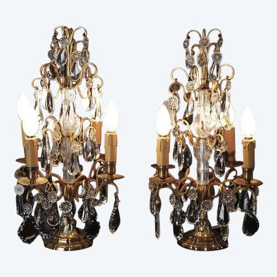 Pair of girandoles,  Crystal and gilded bronze  19th century 