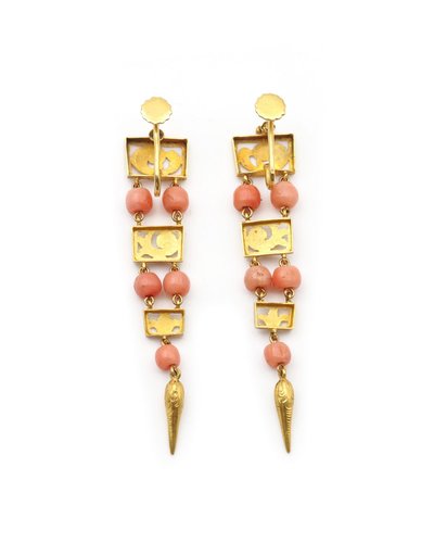 Orecchini pendenti lunghi in corallo e oro 18 ct, orecchini antichi, 1830 ca.