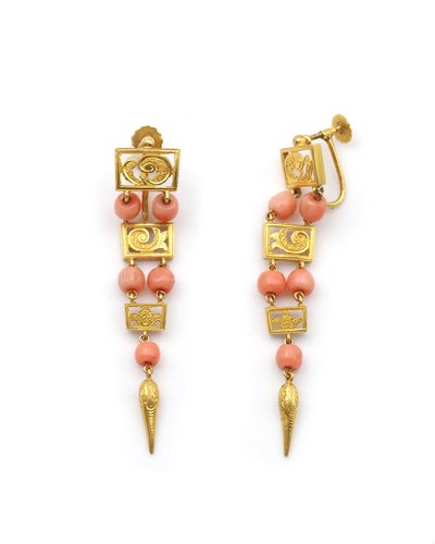 Orecchini pendenti lunghi in corallo e oro 18 ct, orecchini antichi, 1830 ca.