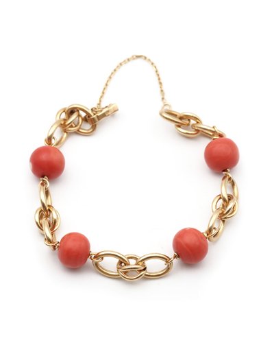 Flexible coral beads 18k gold vintage bracelet in 18k gold, double oval link, sixties or seventies