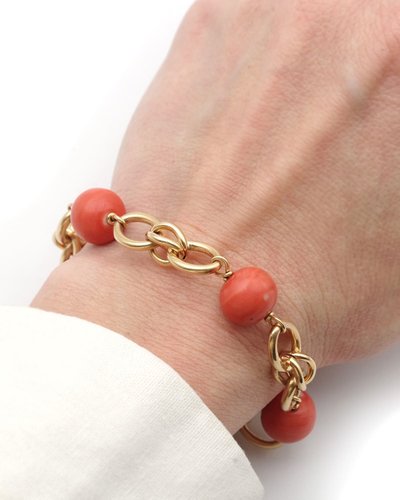 Flexible coral beads 18k gold vintage bracelet in 18k gold, double oval link, sixties or seventies