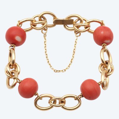 Flexible coral beads 18k gold vintage bracelet in 18k gold, double oval link, sixties or seventies