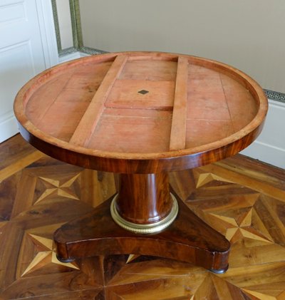 Empire period tripod pedestal table, mahogany and Turquin blue marble