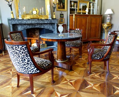 Empire period tripod pedestal table, mahogany and Turquin blue marble