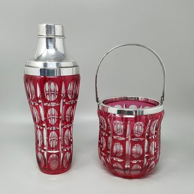 1960s Gorgeous Red Bohemian Cut Crystal Glass Cocktail Shaker With Ice Bucket. Made in Italy