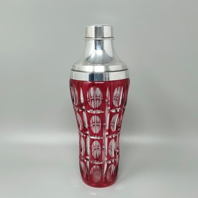 1960s Gorgeous Red Bohemian Cut Crystal Glass Cocktail Shaker With Ice Bucket. Made in Italy