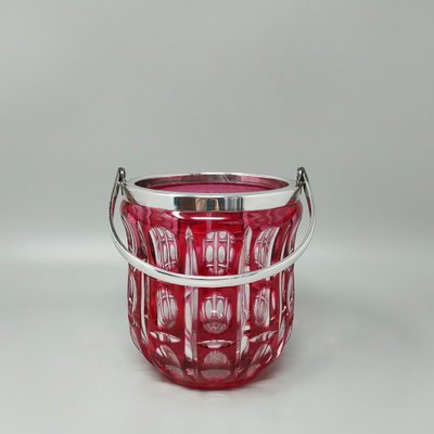 1960s Gorgeous Red Bohemian Cut Crystal Glass Cocktail Shaker With Ice Bucket. Made in Italy