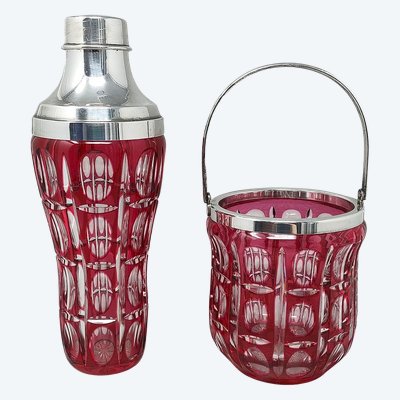 1960s Gorgeous Red Bohemian Cut Crystal Glass Cocktail Shaker With Ice Bucket. Made in Italy