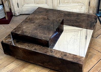 Aldo Tura (1909-1963). Large, low, square bar table, covered in parchment