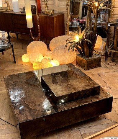 Aldo Tura (1909-1963). Large, low, square bar table, covered in parchment