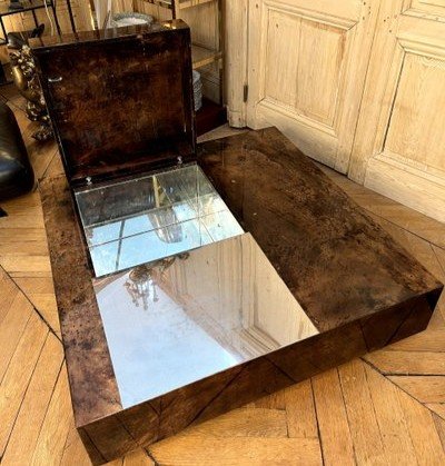 Aldo Tura (1909-1963). Large, low, square bar table, covered in parchment