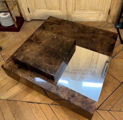 Aldo Tura (1909-1963). Large, low, square bar table, covered in parchment