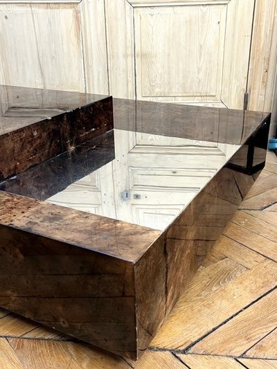 Aldo Tura (1909-1963). Large, low, square bar table, covered in parchment