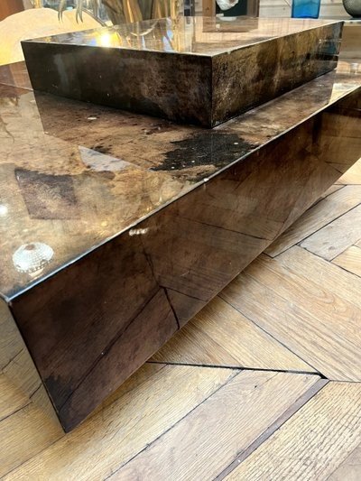 Aldo Tura (1909-1963). Large, low, square bar table, covered in parchment