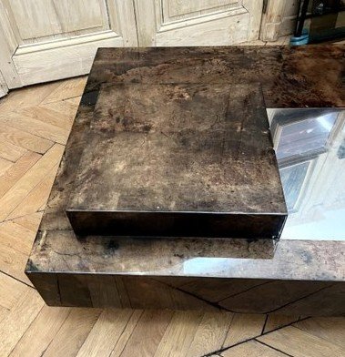 Aldo Tura (1909-1963). Large, low, square bar table, covered in parchment