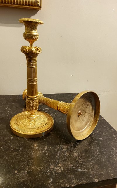 Pair of gilded and chased bronze Flambeaux Restoration 19th century