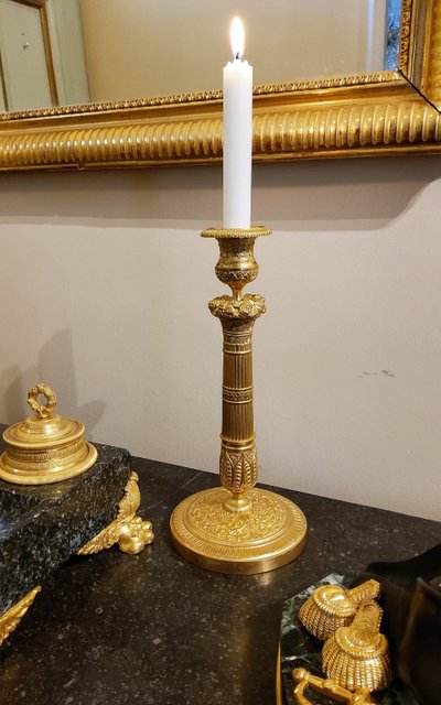 Pair of gilded and chased bronze Flambeaux Restoration 19th century