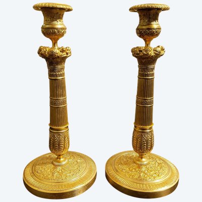 Pair of gilded and chased bronze Flambeaux Restoration 19th century