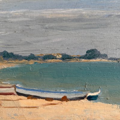 Öl auf Leinwand Meeresküste Boote an einem Strand von C. Gallos XX.