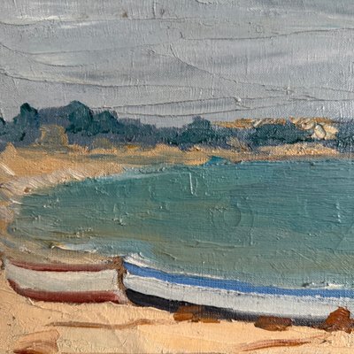 Öl auf Leinwand Meeresküste Boote an einem Strand von C. Gallos XX.