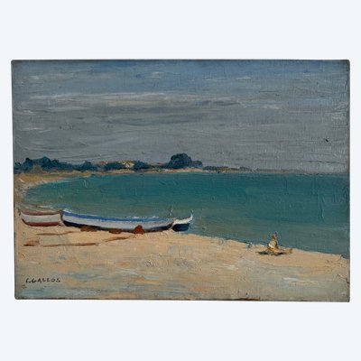 Öl auf Leinwand Meeresküste Boote an einem Strand von C. Gallos XX.