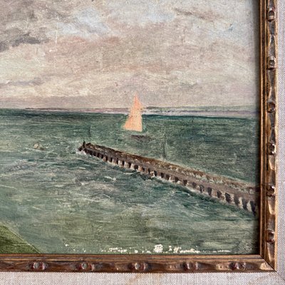 Olio su cartone Le Croisic jetée en bord de mer inizio XX secolo