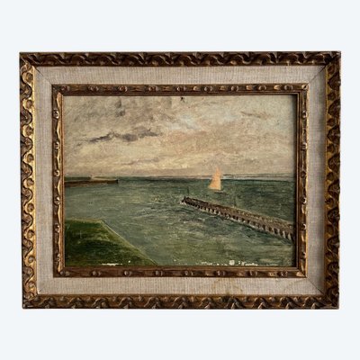 Olio su cartone Le Croisic jetée en bord de mer inizio XX secolo