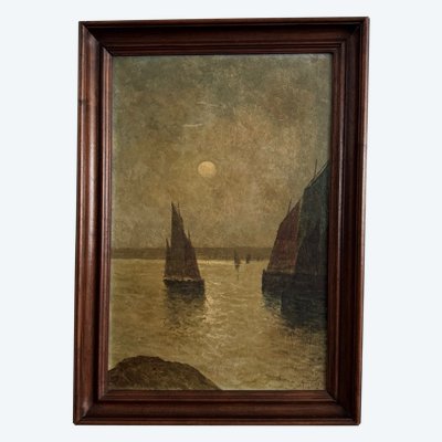 Öl auf Karton Fischerboote im Sonnenuntergang von Proust
