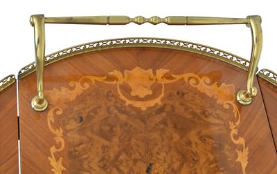 Rolling bar and side table with floral marquetry decor flaps