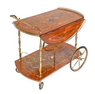 Rolling bar and side table with floral marquetry decor flaps