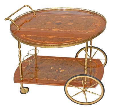 Rolling bar and side table with floral marquetry decor flaps