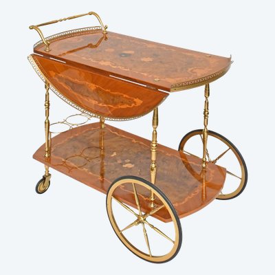 Rolling bar and side table with floral marquetry decor flaps