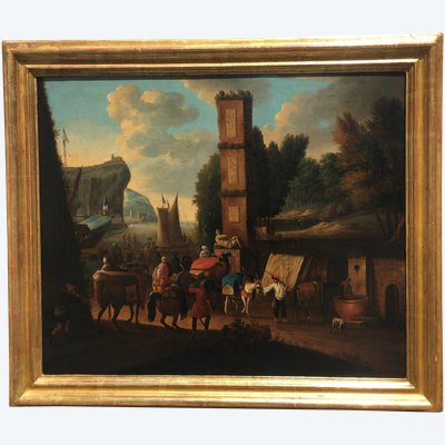 Anonyme Flamand du XVIIIe siècle, "Vue du port avec obélisque"