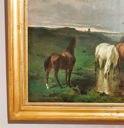 Cavalli Notte paesaggio dipinto a olio su tela XIX secolo