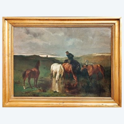 Cavalli Notte paesaggio dipinto a olio su tela XIX secolo