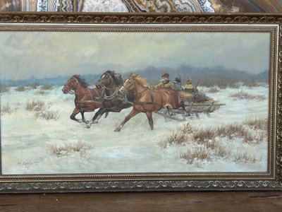 Scène De Chasse En Troïka - Scuola russa Firmato M.gaczot Datato 79 Olio su tela - Tableau