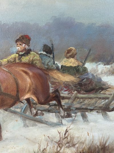 Scène De Chasse En Troïka - Scuola russa Firmato M.gaczot Datato 79 Olio su tela - Tableau