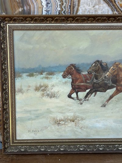 Scène De Chasse En Troïka - Scuola russa Firmato M.gaczot Datato 79 Olio su tela - Tableau