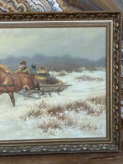 Scène De Chasse En Troïka - Scuola russa Firmato M.gaczot Datato 79 Olio su tela - Tableau