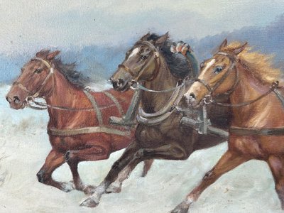 Scène De Chasse En Troïka - Scuola russa Firmato M.gaczot Datato 79 Olio su tela - Tableau