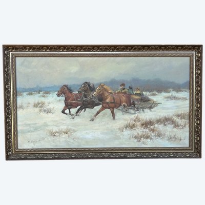 Scène De Chasse En Troïka - Scuola russa Firmato M.gaczot Datato 79 Olio su tela - Tableau