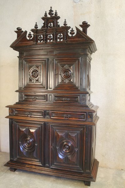 Louis XIII diminutive walnut sideboard complete with highly decorative pediment from the 17th century