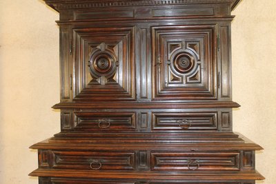 Louis XIII diminutive walnut sideboard complete with highly decorative pediment from the 17th century