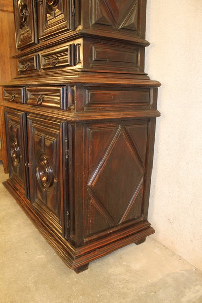 Louis XIII diminutive walnut sideboard complete with highly decorative pediment from the 17th century