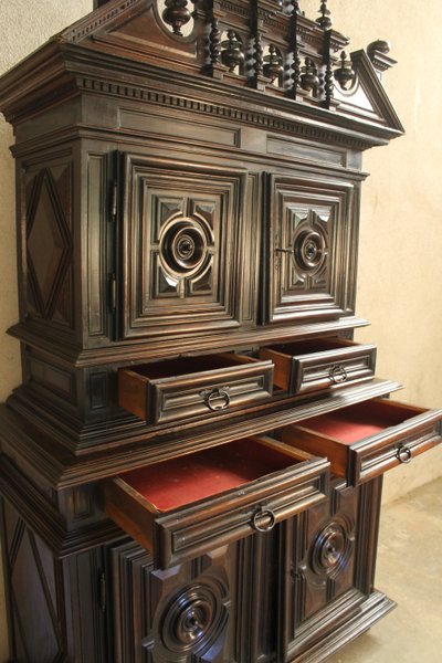 Louis XIII diminutive walnut sideboard complete with highly decorative pediment from the 17th century