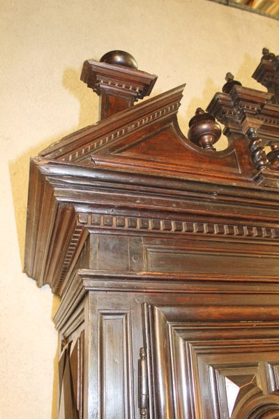 Louis XIII diminutive walnut sideboard complete with highly decorative pediment from the 17th century