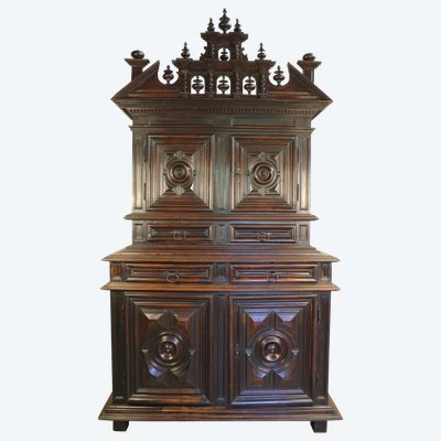 Louis XIII diminutive walnut sideboard complete with highly decorative pediment from the 17th century