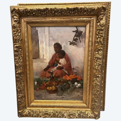 Giovane venditrice di verdure e il suo bambino , E.CHARLET, 1877?