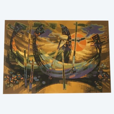 Robert DEBIEVE – Tapisserie d'Aubusson "Barques à Aveiro", XXe siècle