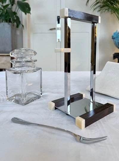 Art Deco modernist condiment server - Crystal and Macassar Ebony